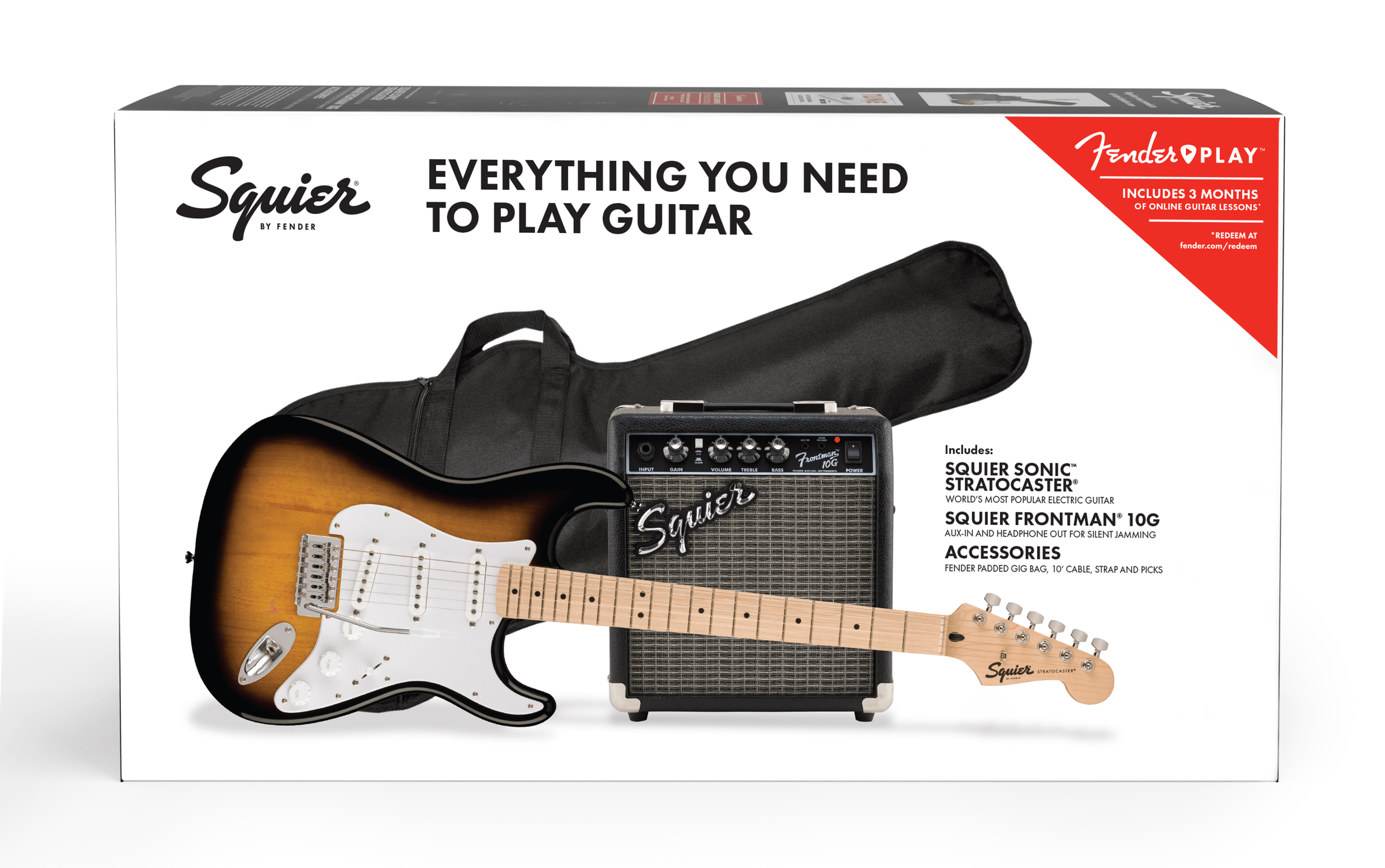 Squier Sonic® Stratocaster® Pack, Maple Fingerboard, 2-Color Sunburst, Gig Bag, 10G - 120V