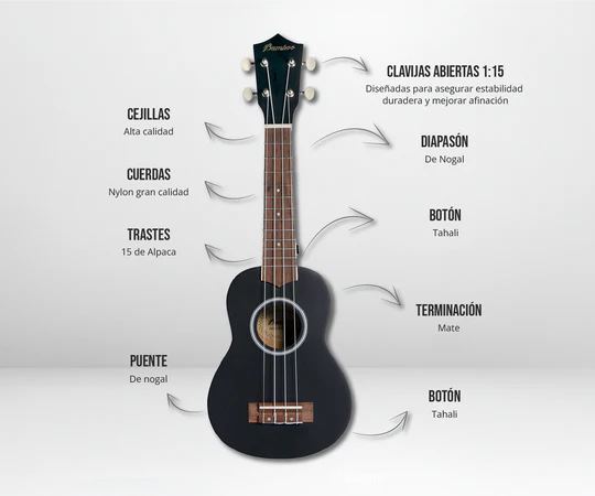 Ukelele Bamboo Soprano Estudio Negro C/Funda